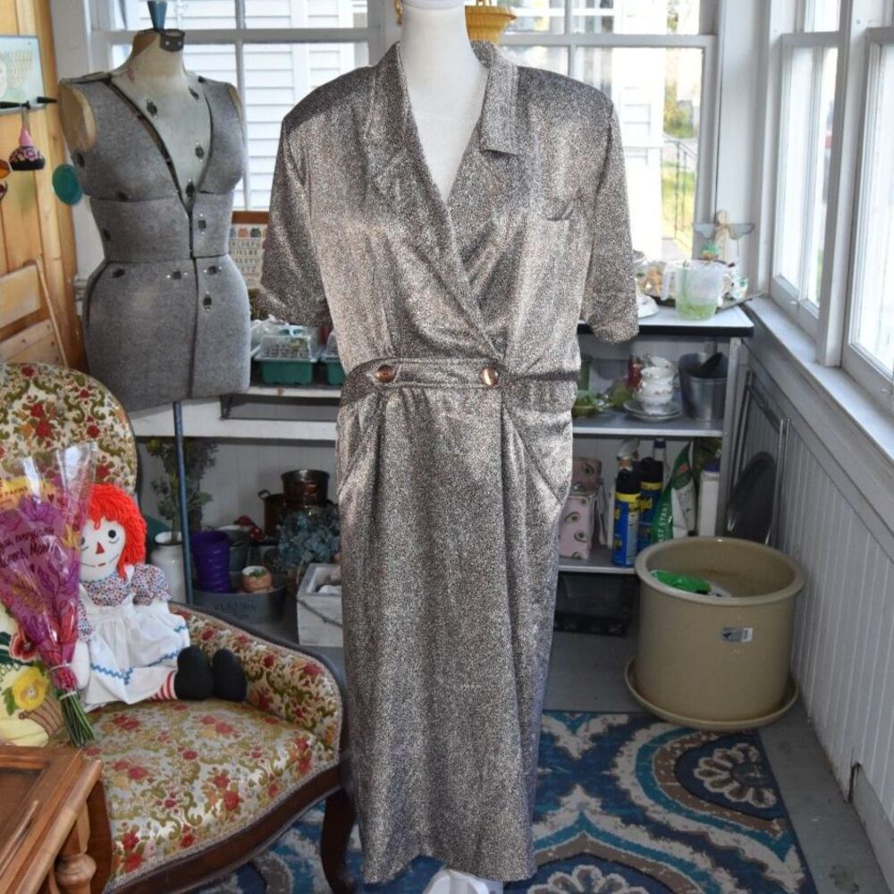 Vintage 80s Sasson New York Dress 12/13 Brown Speckled Midi Hong Kong